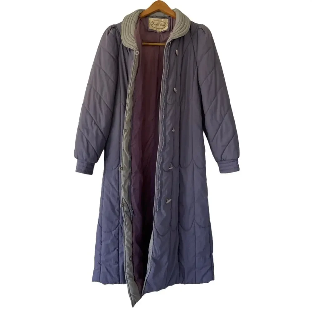 Vintage 80s Purple Puffer Jacket Long Coat Toggle Buttons Stranger Things 7/8